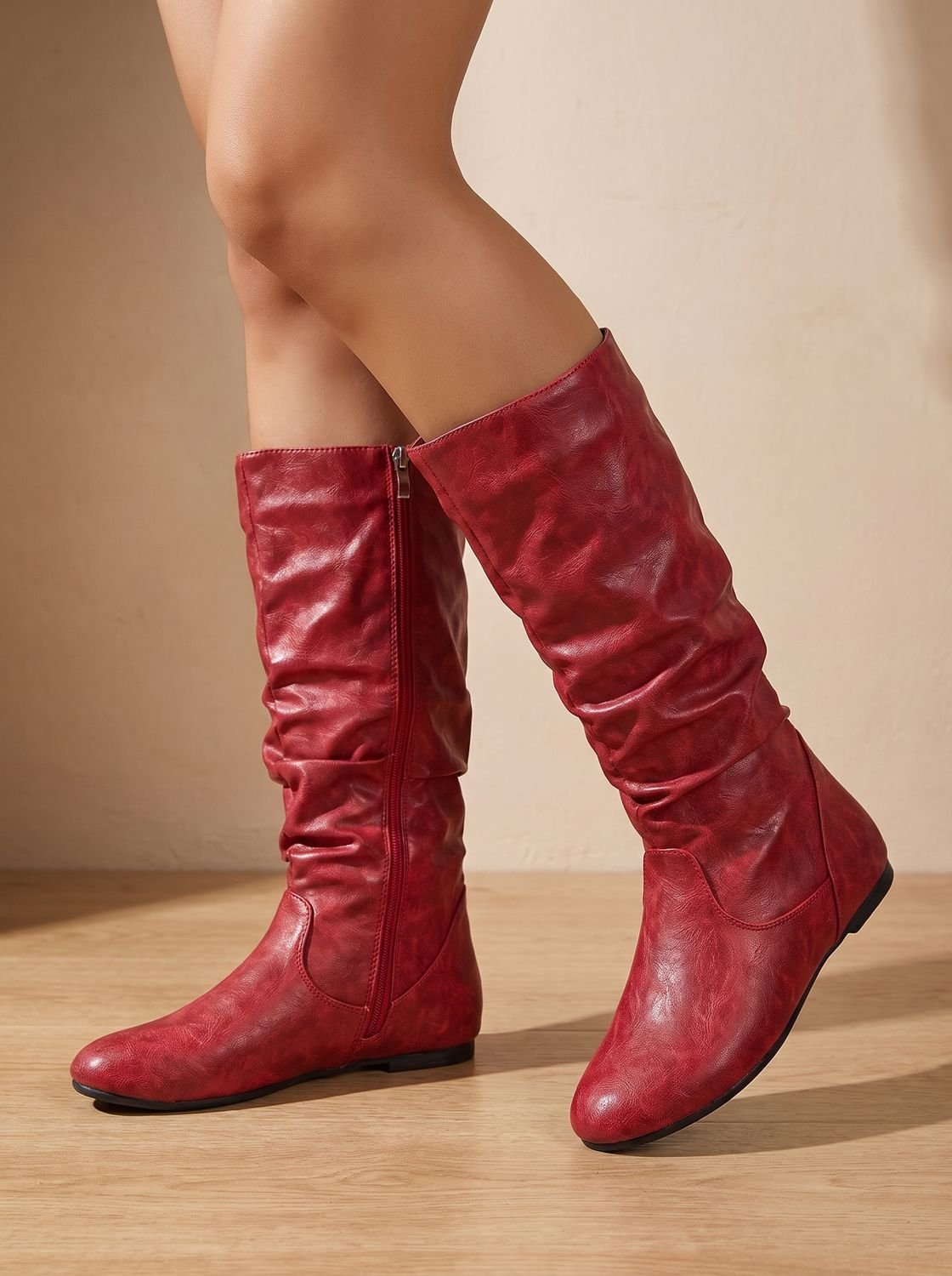 Chic Faux Leather Knee High Boots for Women with Slouchy Shaft Side-Zip Flat Heel Round-Toe Style