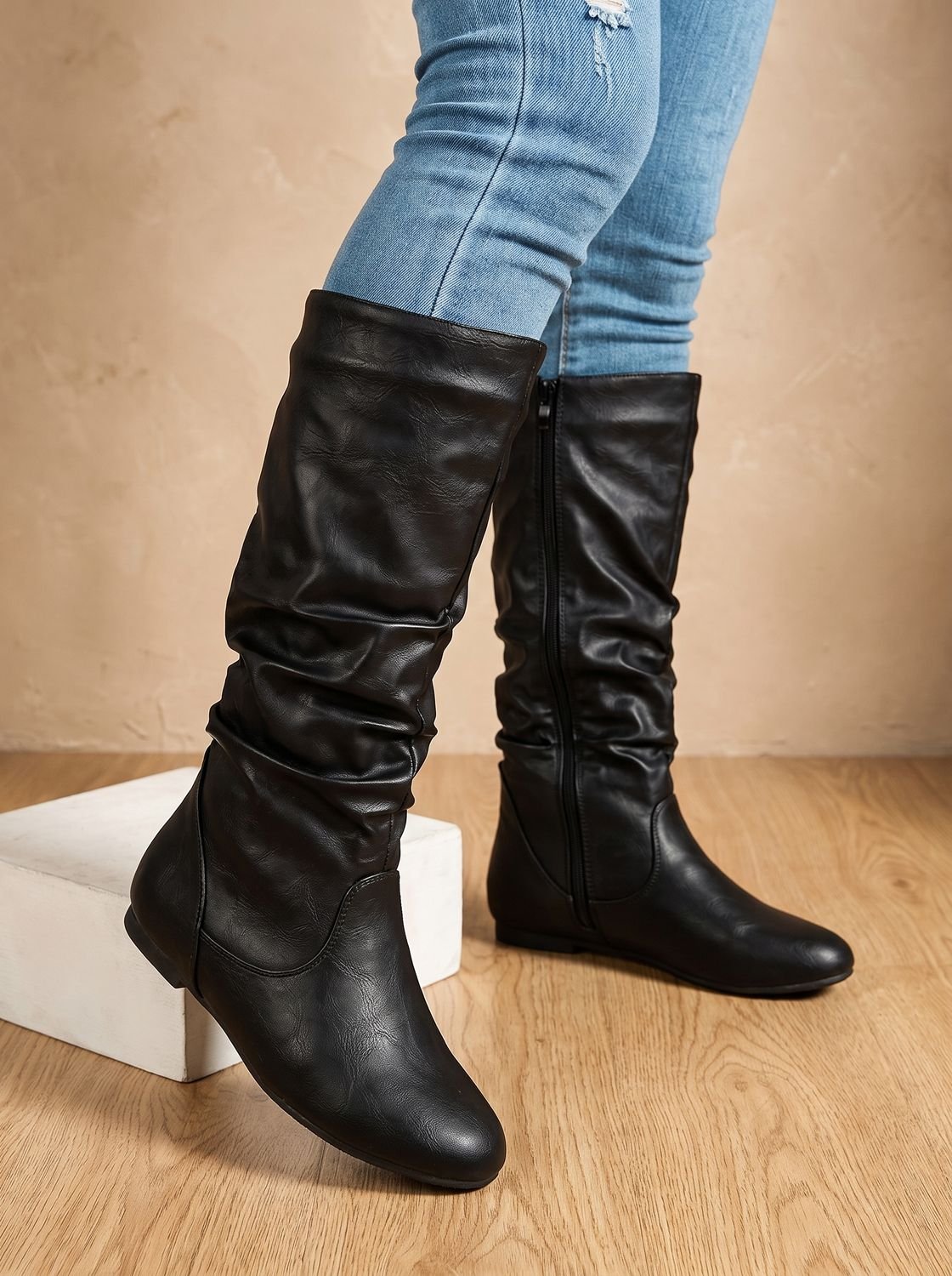 Chic Faux Leather Knee High Boots for Women with Slouchy Shaft Side-Zip Flat Heel Round-Toe Style