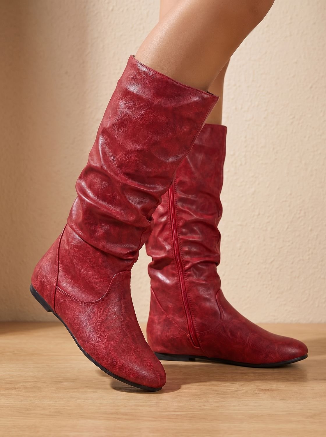 Chic Faux Leather Knee High Boots for Women with Gathered Shaft Side-Zip Flat Heel Pointed-Toe Style