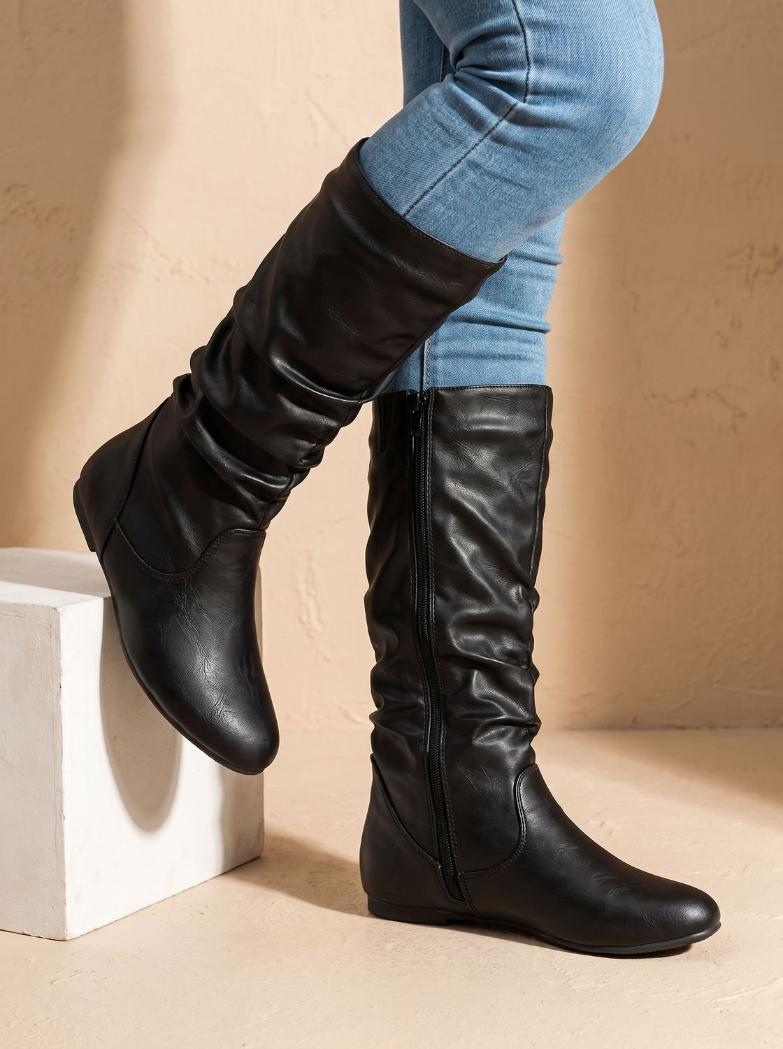 Chic Faux Leather Knee High Boots for Women with Gathered Shaft Side-Zip Flat Heel Pointed-Toe Style