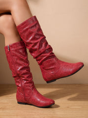 Chic Faux Leather Knee High Boots for Women with Gathered Shaft Side-Zip Flat Heel Pointed-Toe Style