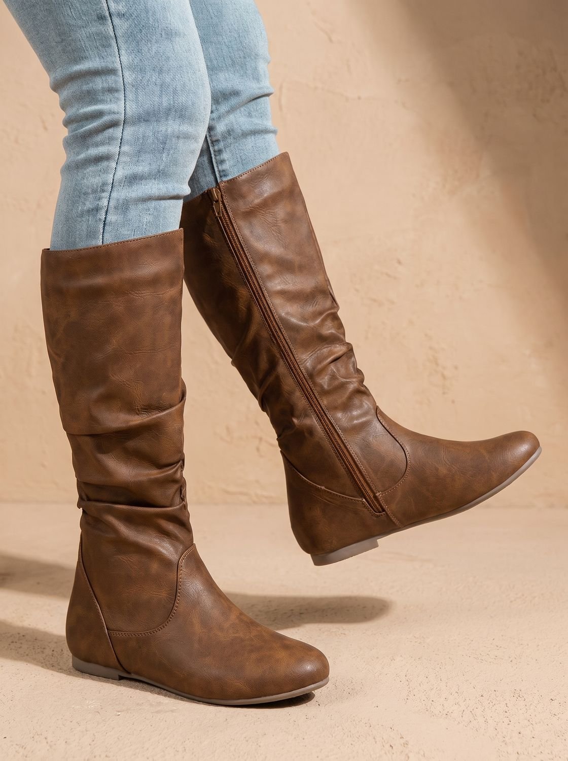 Chic Faux Leather Knee High Boots for Women with Gathered Shaft Side-Zip Flat Heel Pointed-Toe Style