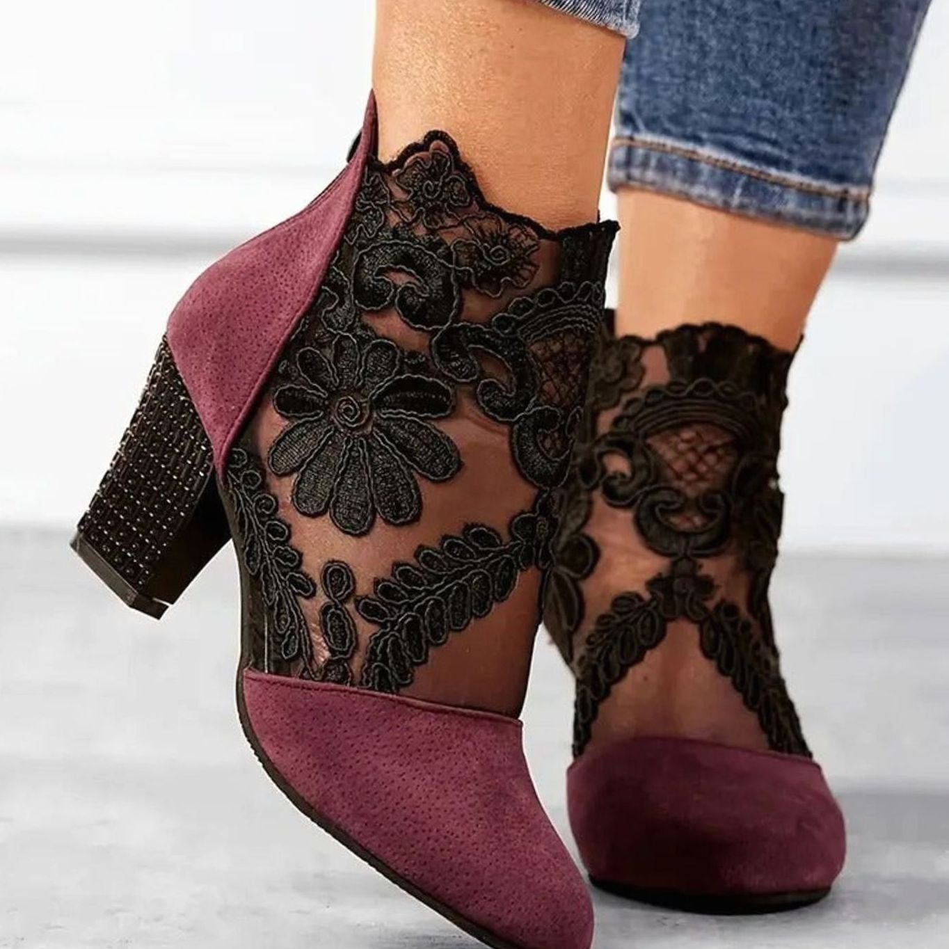 Elegant Heels for Women with Round Toe Floral Lace Block Heel Ankle Boot Style