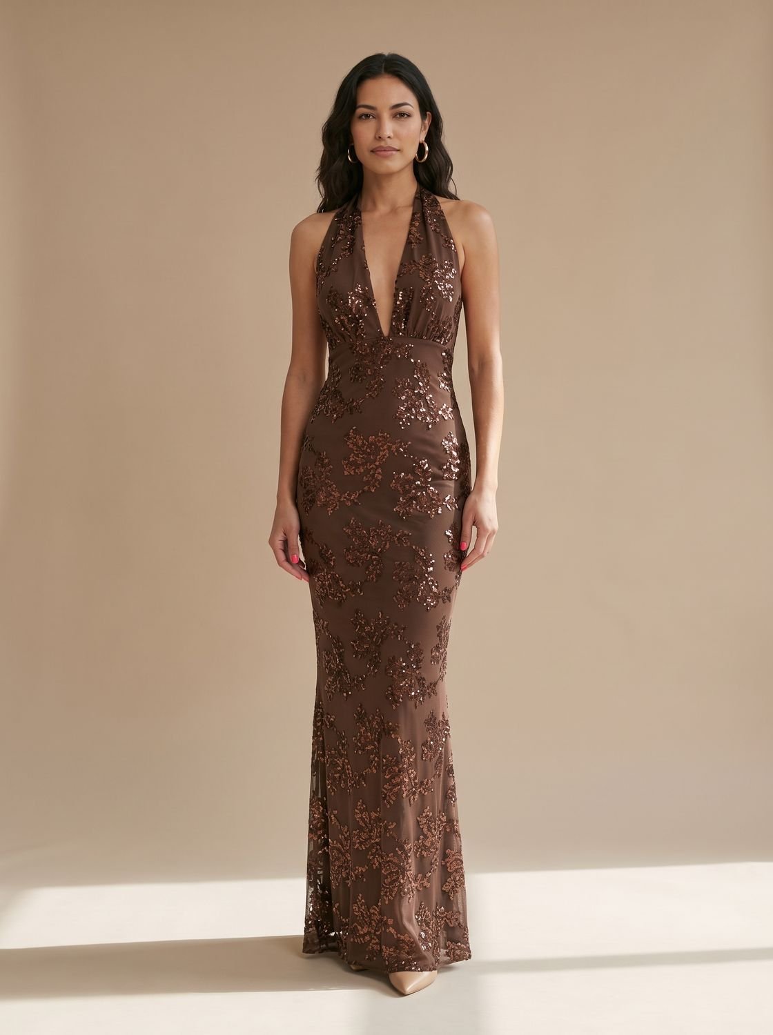 Elegant Floral Sequin Wedding Guest Gown for Women with Halter Deep-V Floor-Length Fall Formal Style