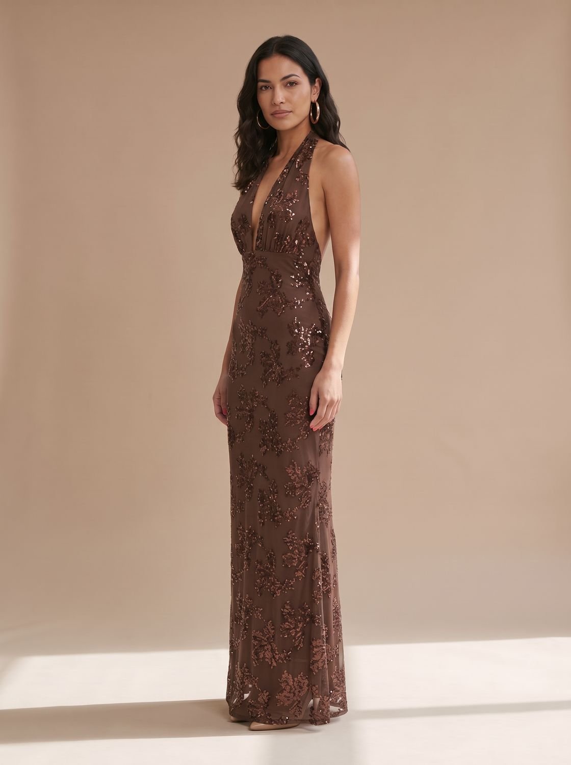 Elegant Floral Sequin Wedding Guest Gown for Women with Halter Deep-V Floor-Length Fall Formal Style