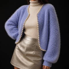 Chic Fluffy Knit Cardigan for Women with Open Front Long Sleeve Pearl Bead Trim Cropped Style