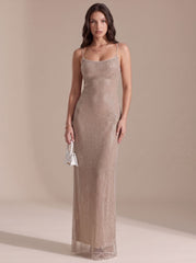 Elegant Champagne Rhinestone Wedding Guest Gown for Women with Scoop Neck Spaghetti-Strap Bodycon Floor-Length Style