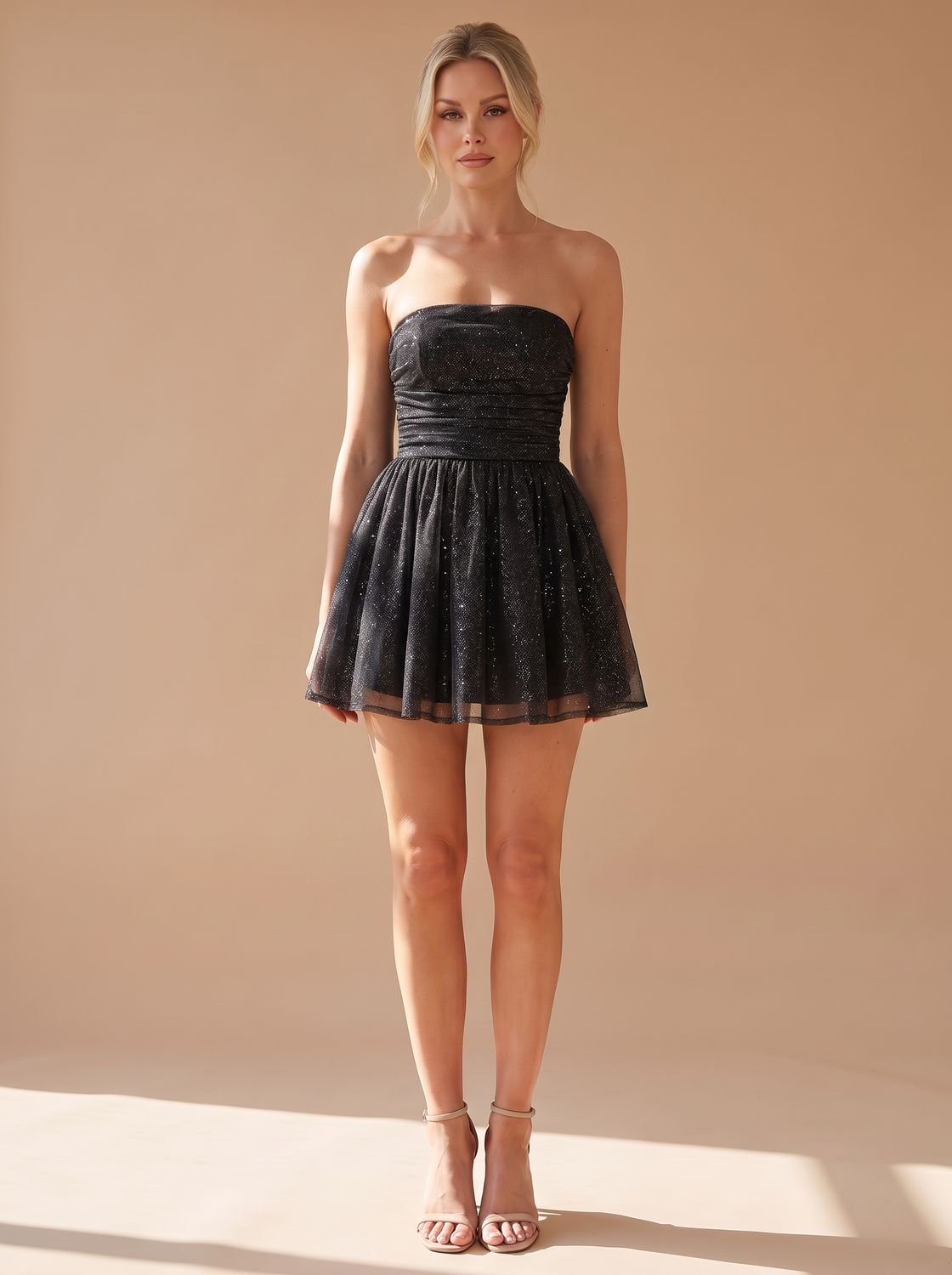 Elegant Glitter Cocktail Mini Dress for Women with Strapless Bustier Ruched Flared Christmas Party Style