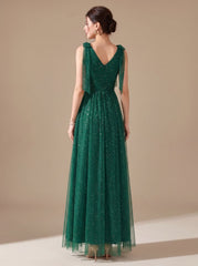 Elegant Glitter Tulle Wedding Guest Gown for Women with V-Neck Sleeveless Pleated Floor-Length Formal Style