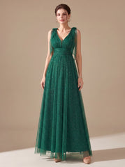 Elegant Glitter Tulle Wedding Guest Gown for Women with V-Neck Sleeveless Pleated Floor-Length Formal Style