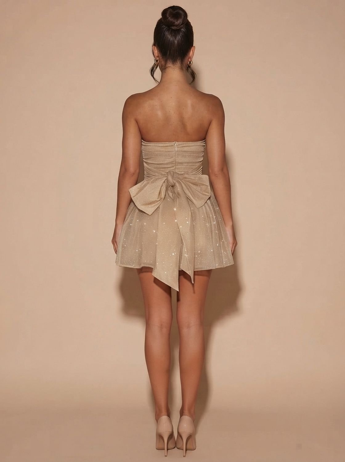 Elegant Gold Glitter Cocktail Mini Dress for Women with Strapless Flared Ruched Christmas Holiday Party Style