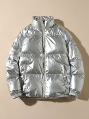 Cozy Glossy Puffer Jacket for Women with Stand Collar Long Sleeve Quilted Zip Winter Style