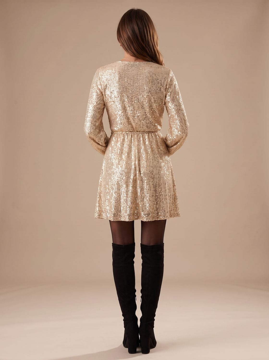 Elegant Gold Sequin Cocktail Mini Dress for Women with Wrap Front V-Neck Long Sleeve Holiday Party Style