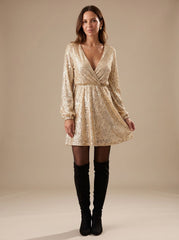 Elegant Gold Sequin Cocktail Mini Dress for Women with Wrap Front V-Neck Long Sleeve Holiday Party Style