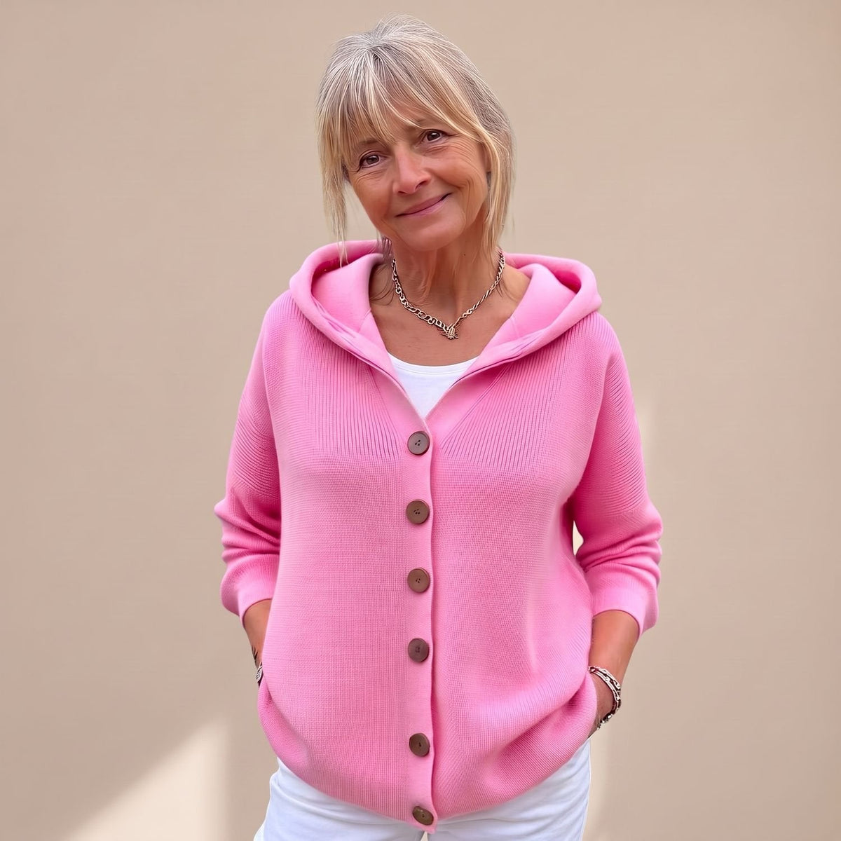 Cozy Pink Chunky Knit Cardigan for Women with Hooded Collar Button Front Long Sleeve Oversized Style