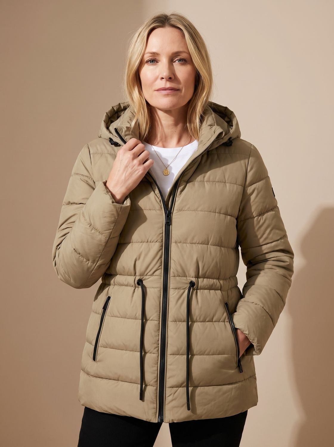 Cozy Quilted Puffer Jacket for Women with Hooded Collar Long Sleeve Drawstring Zip Winter Style