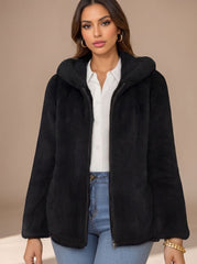 Cozy Hooded Faux Fur Jacket for Women with Zip-Up Long Sleeve Plush Teddy Oversized Style