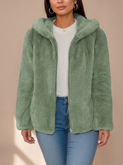 Cozy Hooded Faux Fur Jacket for Women with Zip-Up Long Sleeve Plush Teddy Oversized Style