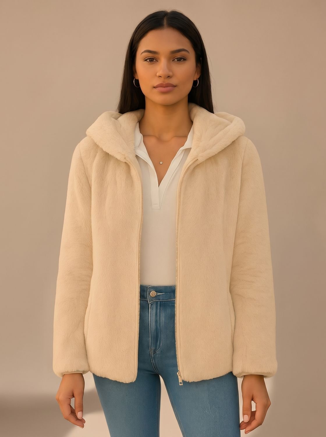 Cozy Hooded Faux Fur Jacket for Women with Zip-Up Long Sleeve Plush Teddy Oversized Style