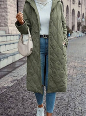 Cozy Green Quilted Coat for Women with Hooded Collar Long Sleeve Button Front Longline Winter Style