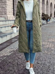 Cozy Green Quilted Coat for Women with Hooded Collar Long Sleeve Button Front Longline Winter Style