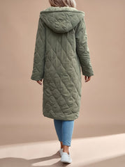 Cozy Green Quilted Coat for Women with Hooded Collar Long Sleeve Button Front Longline Winter Style