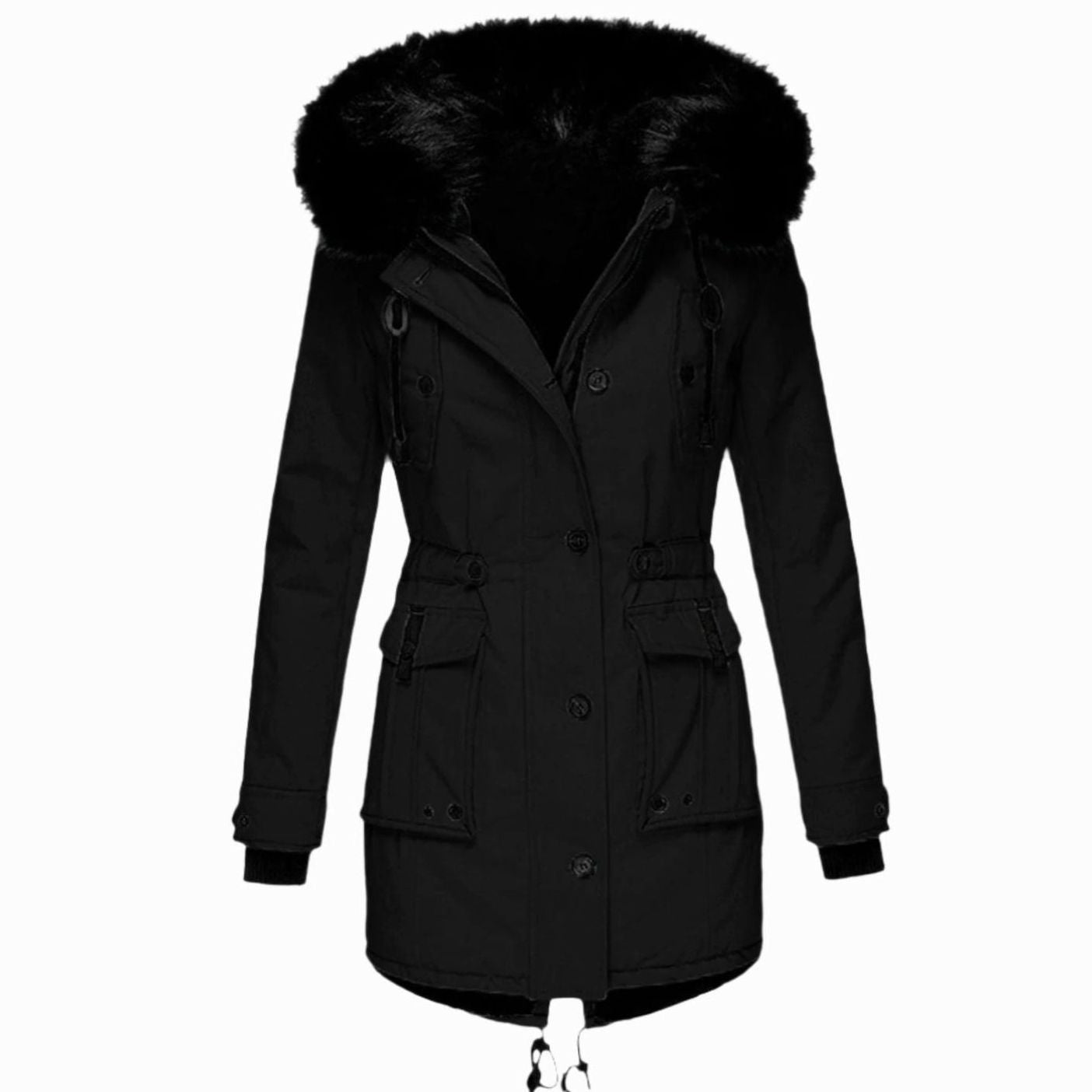 Cozy Faux Fur Hood Parka for Women with Drawstring Waist Long Sleeve Fleece Lined Winter Style