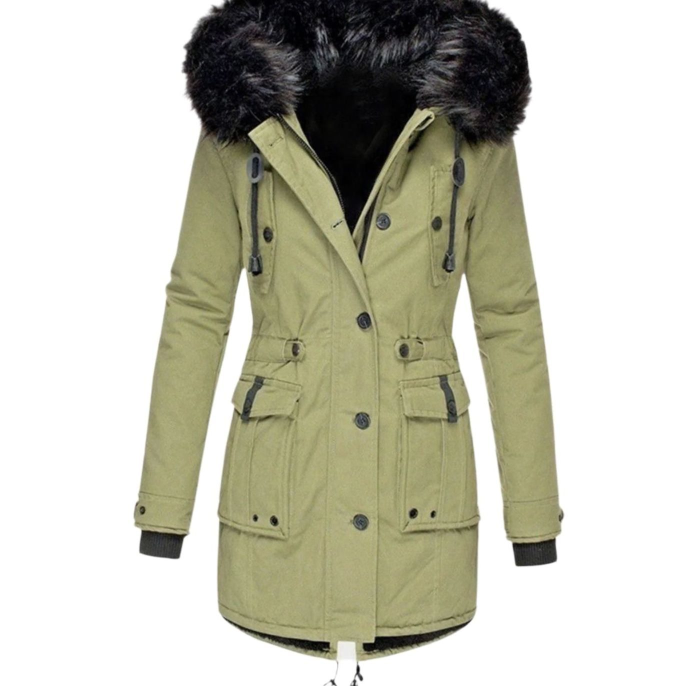 Cozy Faux Fur Hood Parka for Women with Drawstring Waist Long Sleeve Fleece Lined Winter Style