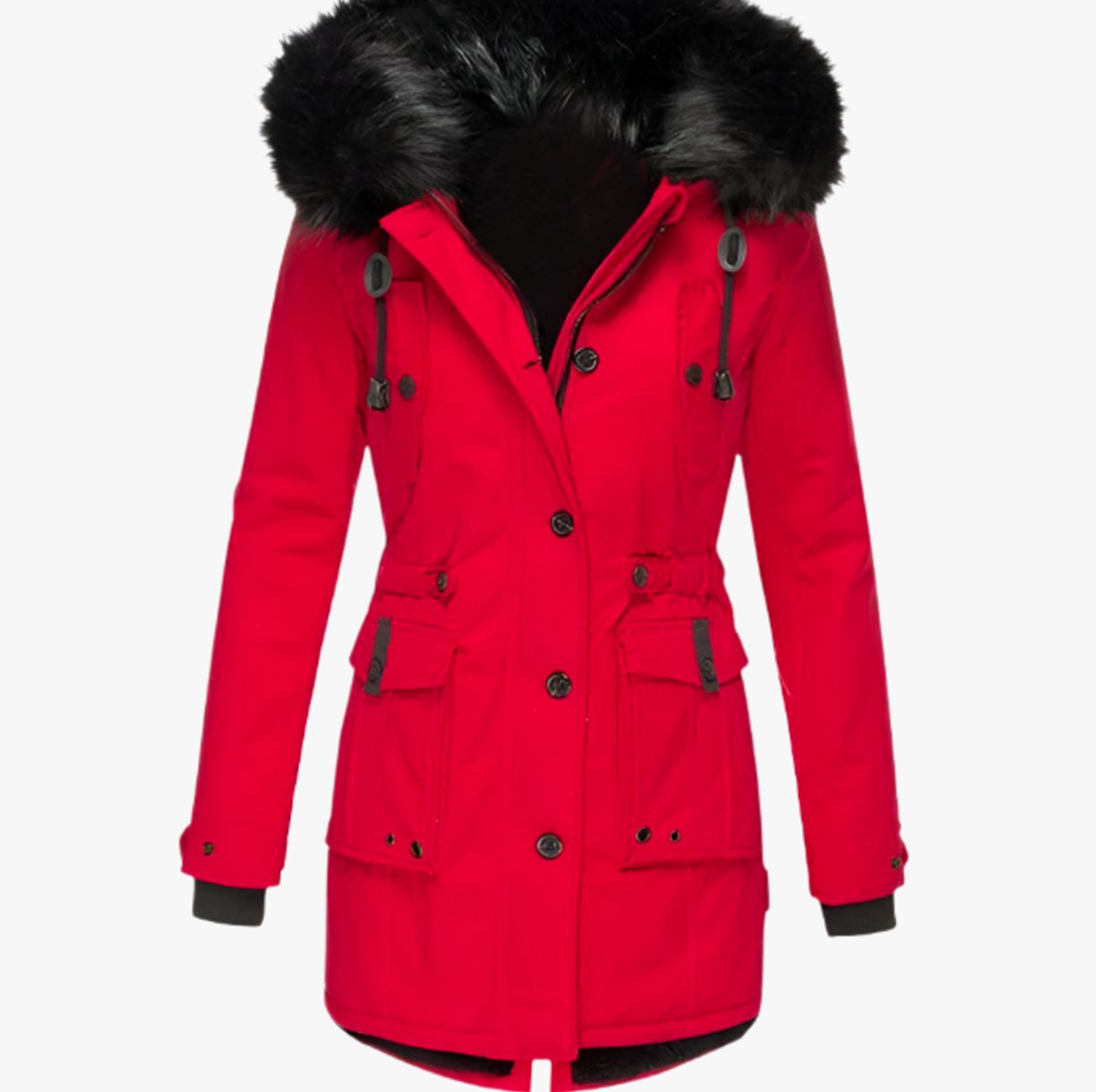 Cozy Faux Fur Hood Parka for Women with Drawstring Waist Long Sleeve Fleece Lined Winter Style