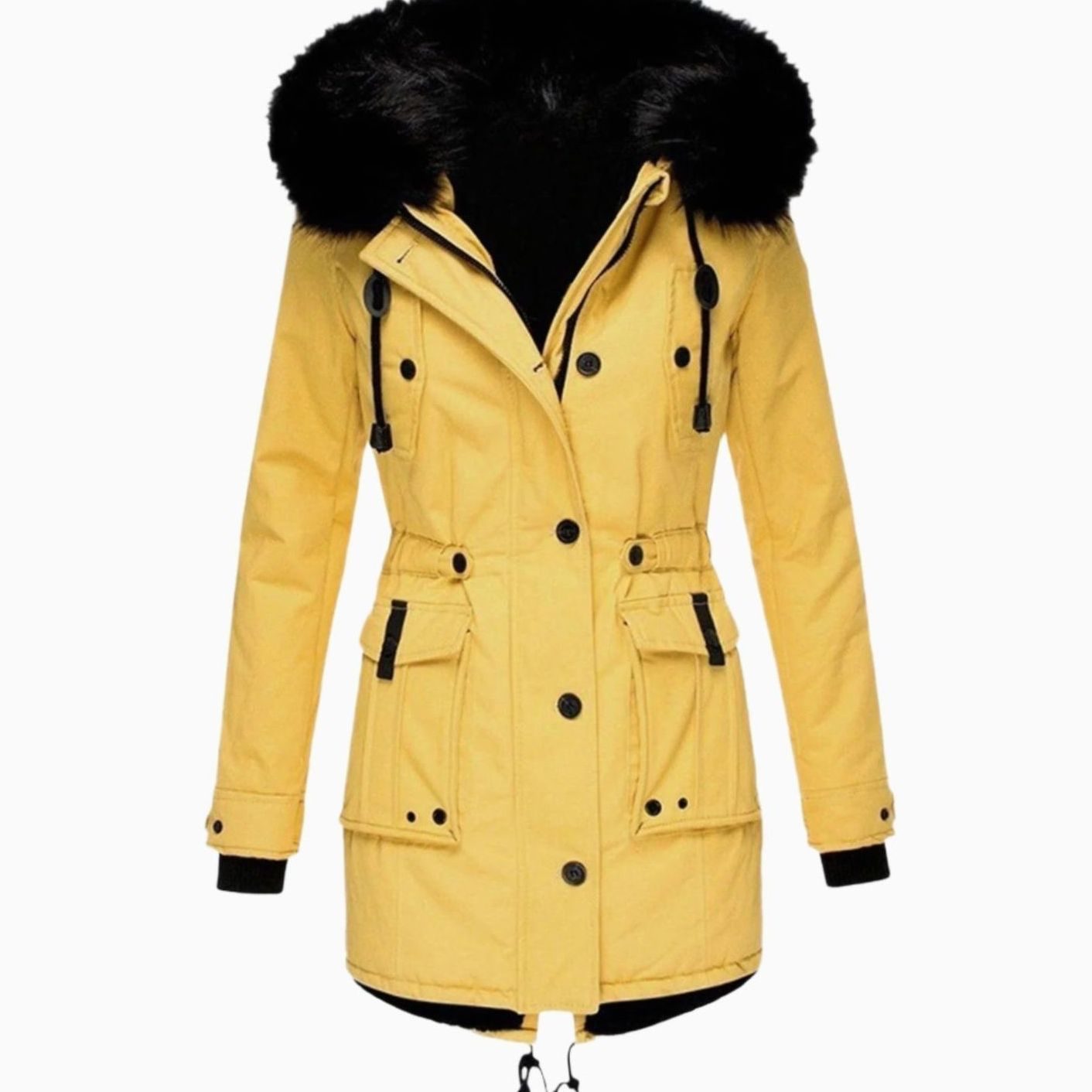 Cozy Faux Fur Hood Parka for Women with Drawstring Waist Long Sleeve Fleece Lined Winter Style