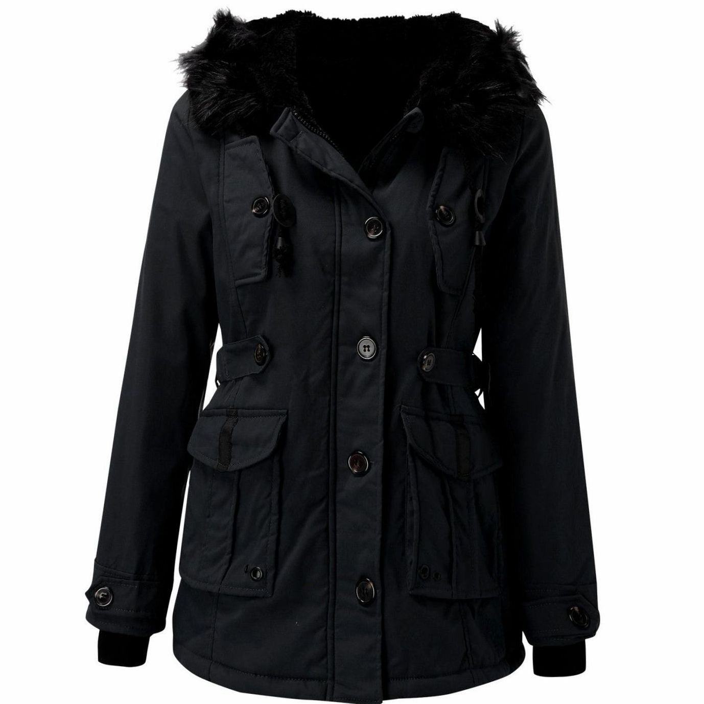 Cozy Faux Fur Hood Parka for Women with Drawstring Waist Long Sleeve Fleece Lined Winter Style