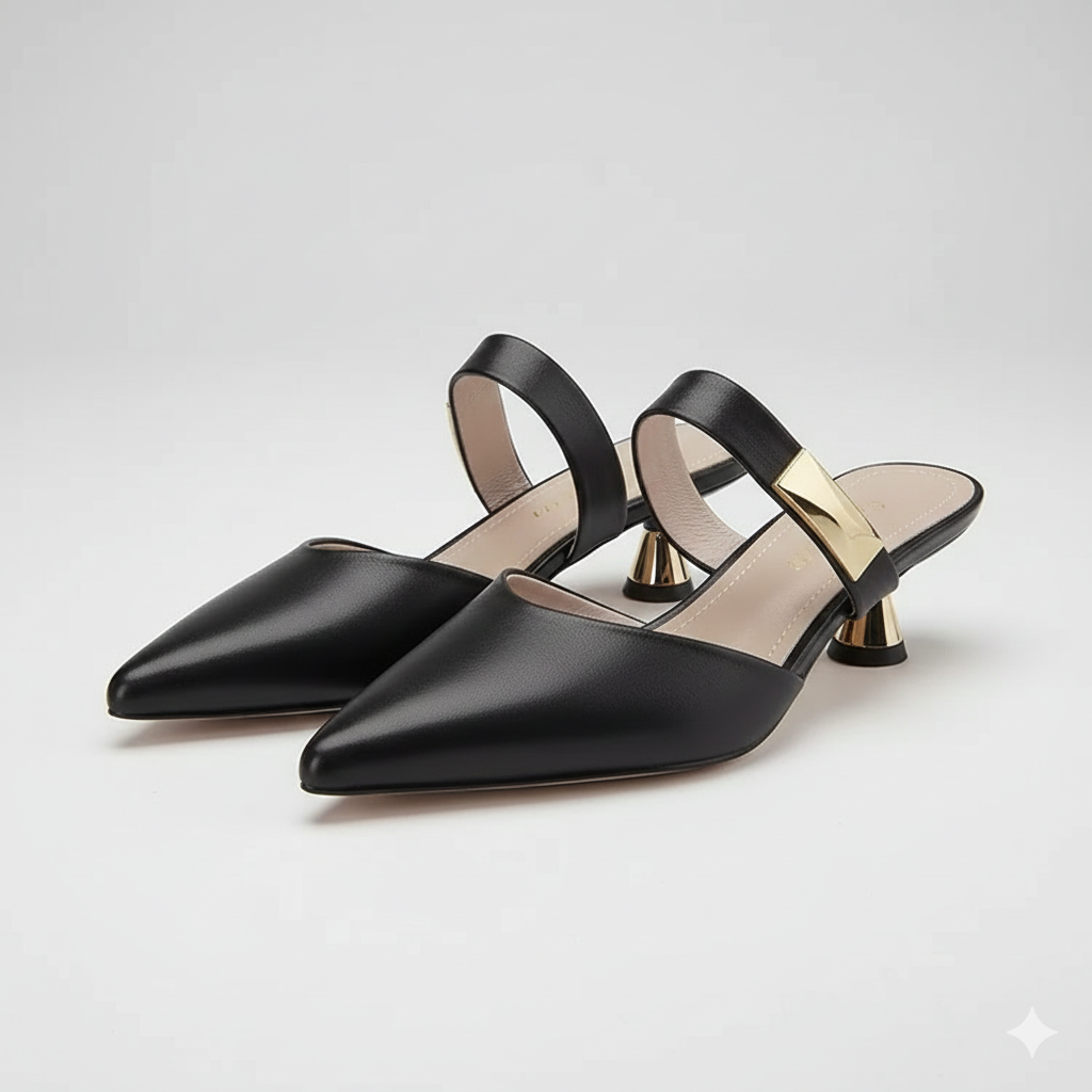 Elegant Leather Heels for Women with Pointed Toe Slip On Mule Kitten Heel Work Style