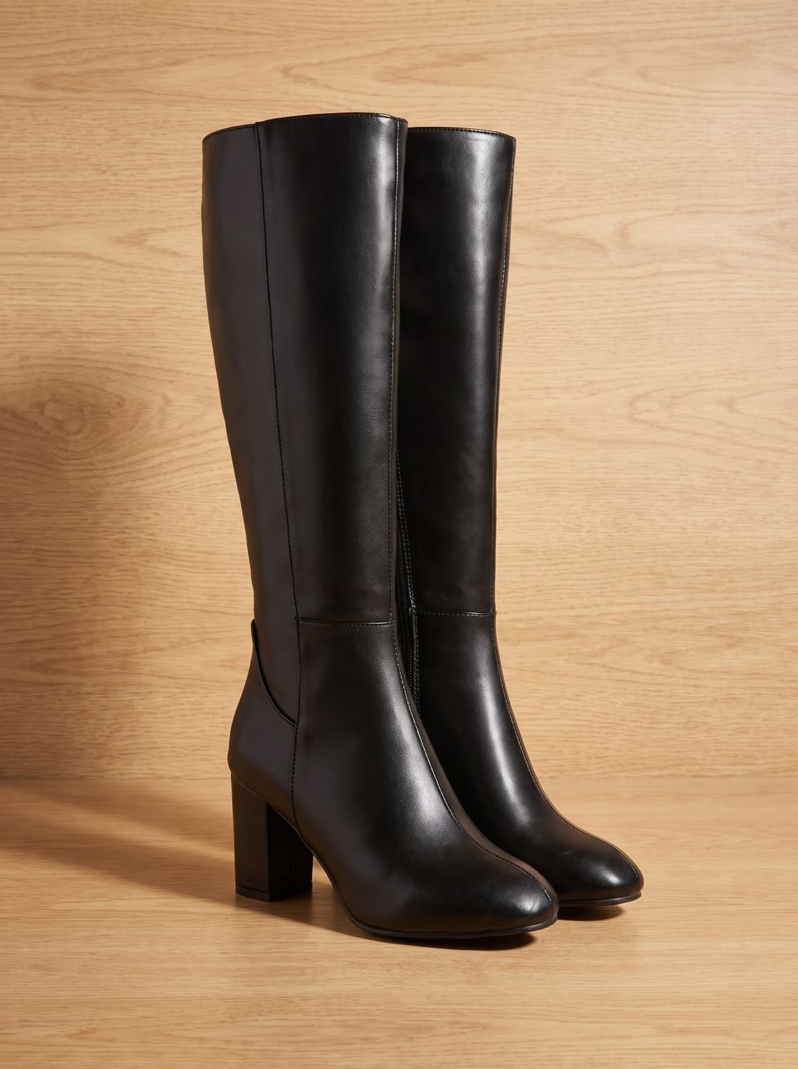 Chic Faux Leather Knee High Boots for Women with Block Heel Side-Zip Round-Toe Tailored Style