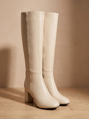Chic Faux Leather Knee High Boots for Women with Block Heel Side-Zip Round-Toe Tailored Style
