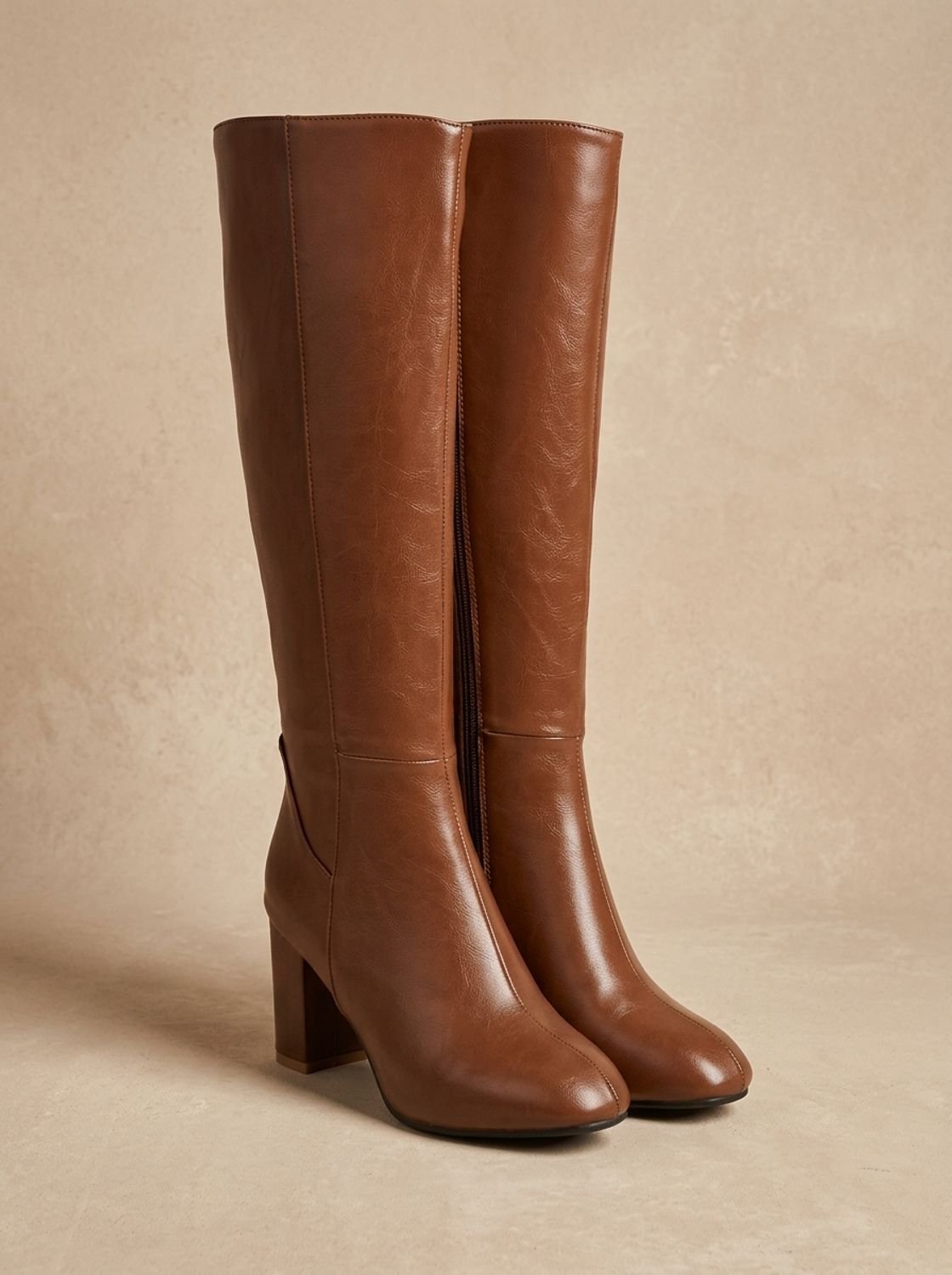 Chic Faux Leather Knee High Boots for Women with Block Heel Side-Zip Round-Toe Tailored Style