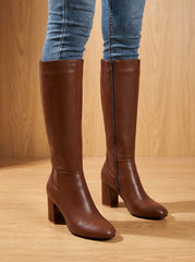 Chic Faux Leather Knee High Boots for Women with Block Heel Side-Zip Round-Toe Tailored Style