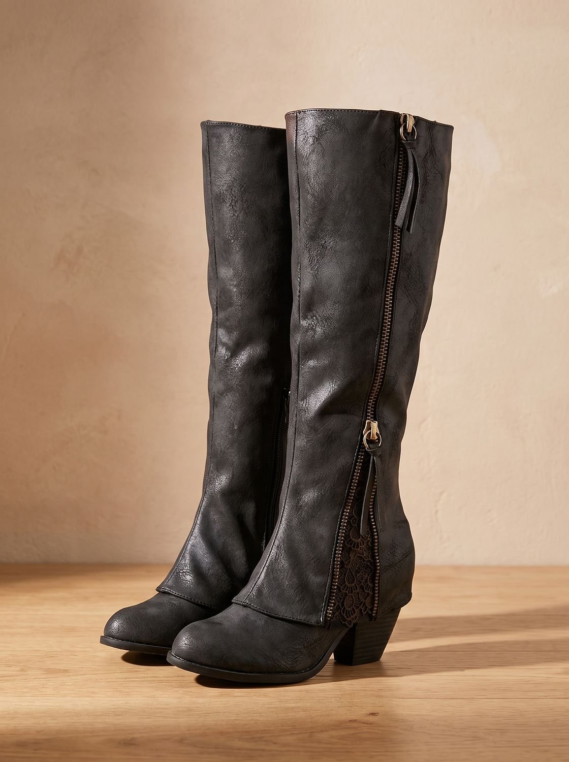 Chic Faux Leather Knee High Boots for Women with Lace Detail Side-Zip Block Heel Round-Toe Style