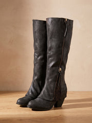 Chic Faux Leather Knee High Boots for Women with Lace Detail Side-Zip Block Heel Round-Toe Style
