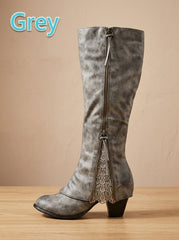 Chic Faux Leather Knee High Boots for Women with Lace Detail Side-Zip Block Heel Round-Toe Style