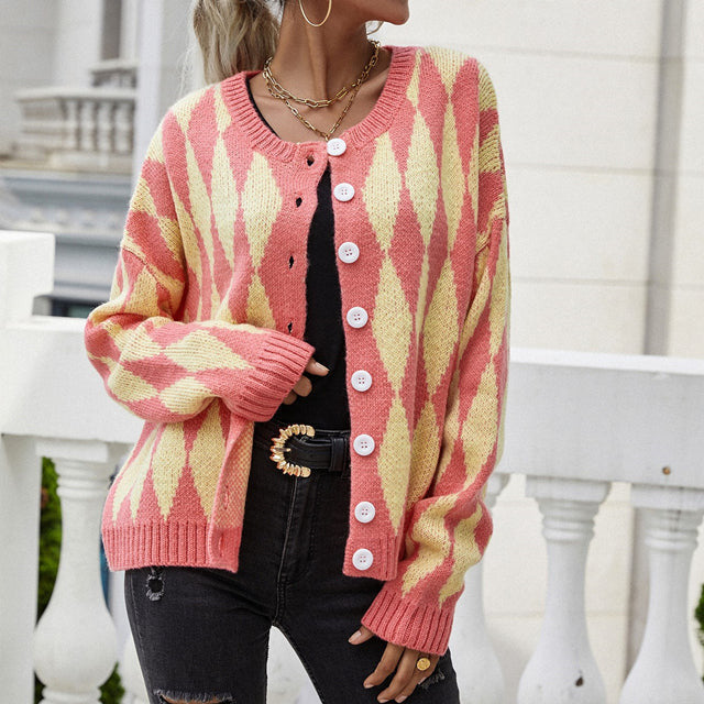 Cozy Knit Cardigan for Women with Round Neck Long Sleeve Diamond Pattern Button Front Style