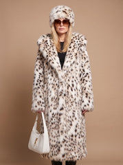 Cozy Leopard Faux Fur Coat for Women with Hooded Collar Long Sleeve Belted Maxi Winter Style