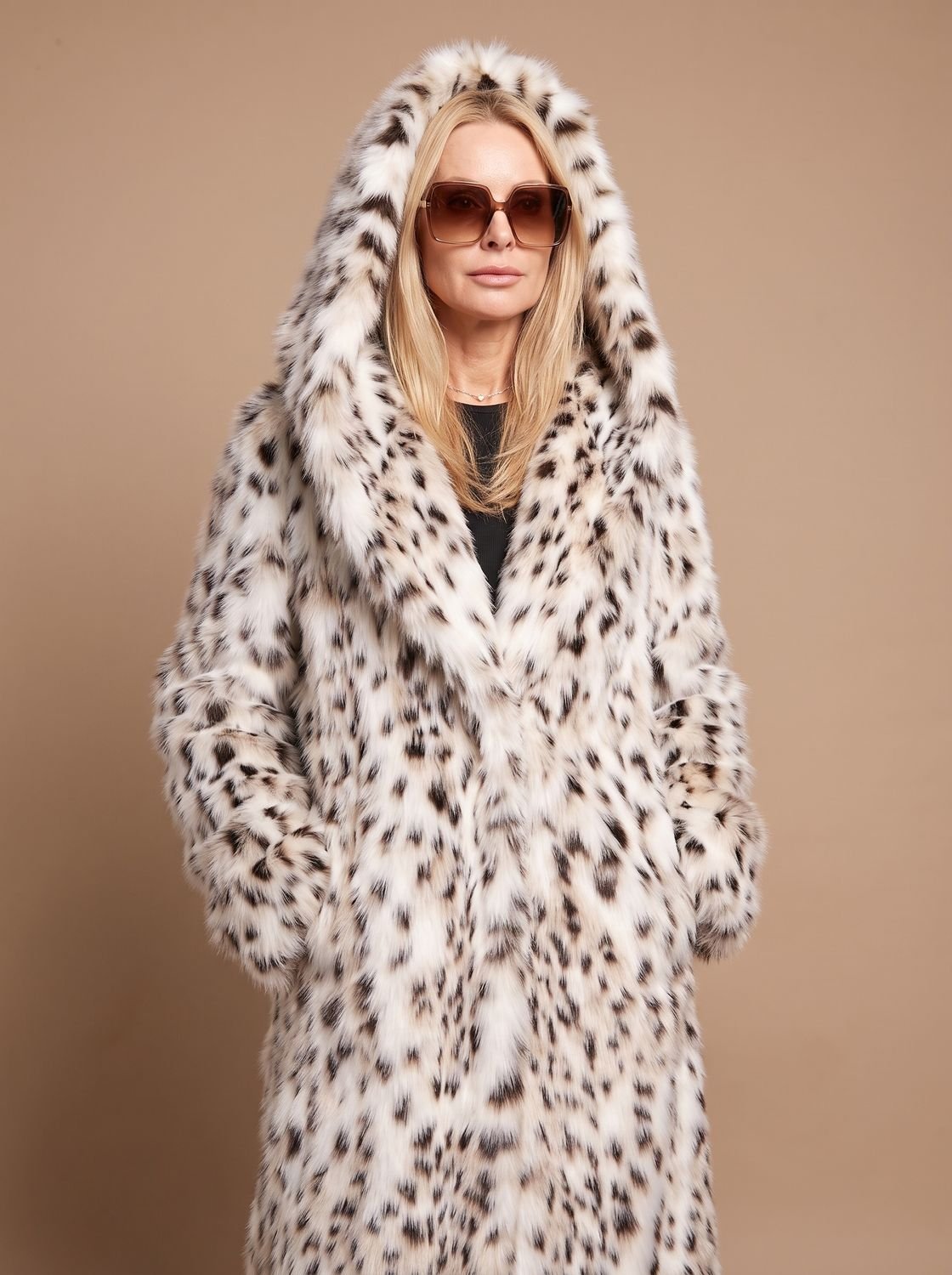 Cozy Leopard Faux Fur Coat for Women with Hooded Collar Long Sleeve Belted Maxi Winter Style