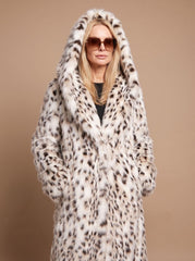 Cozy Leopard Faux Fur Coat for Women with Hooded Collar Long Sleeve Belted Maxi Winter Style