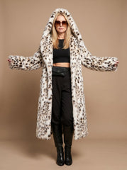 Cozy Leopard Faux Fur Coat for Women with Hooded Collar Long Sleeve Belted Maxi Winter Style