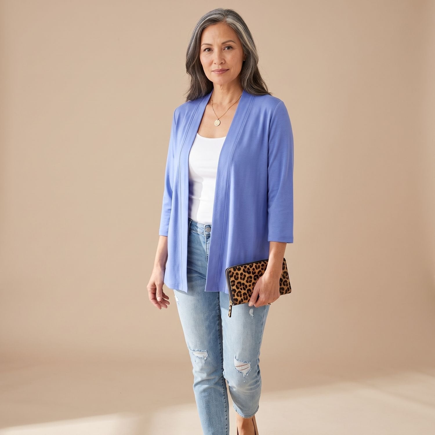 Cozy Purple Cardigan Sweater for Women with Open Front 3/4 Sleeve Lightweight Wrap Style