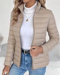 Effortless Quilted Puffer Jacket for Women with Stand Collar Long Sleeve Zip Front Relaxed Style