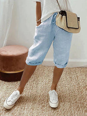 Effortless Linen Bermuda Shorts for Women with High Waist Drawstring Rolled Cuff Casual Style