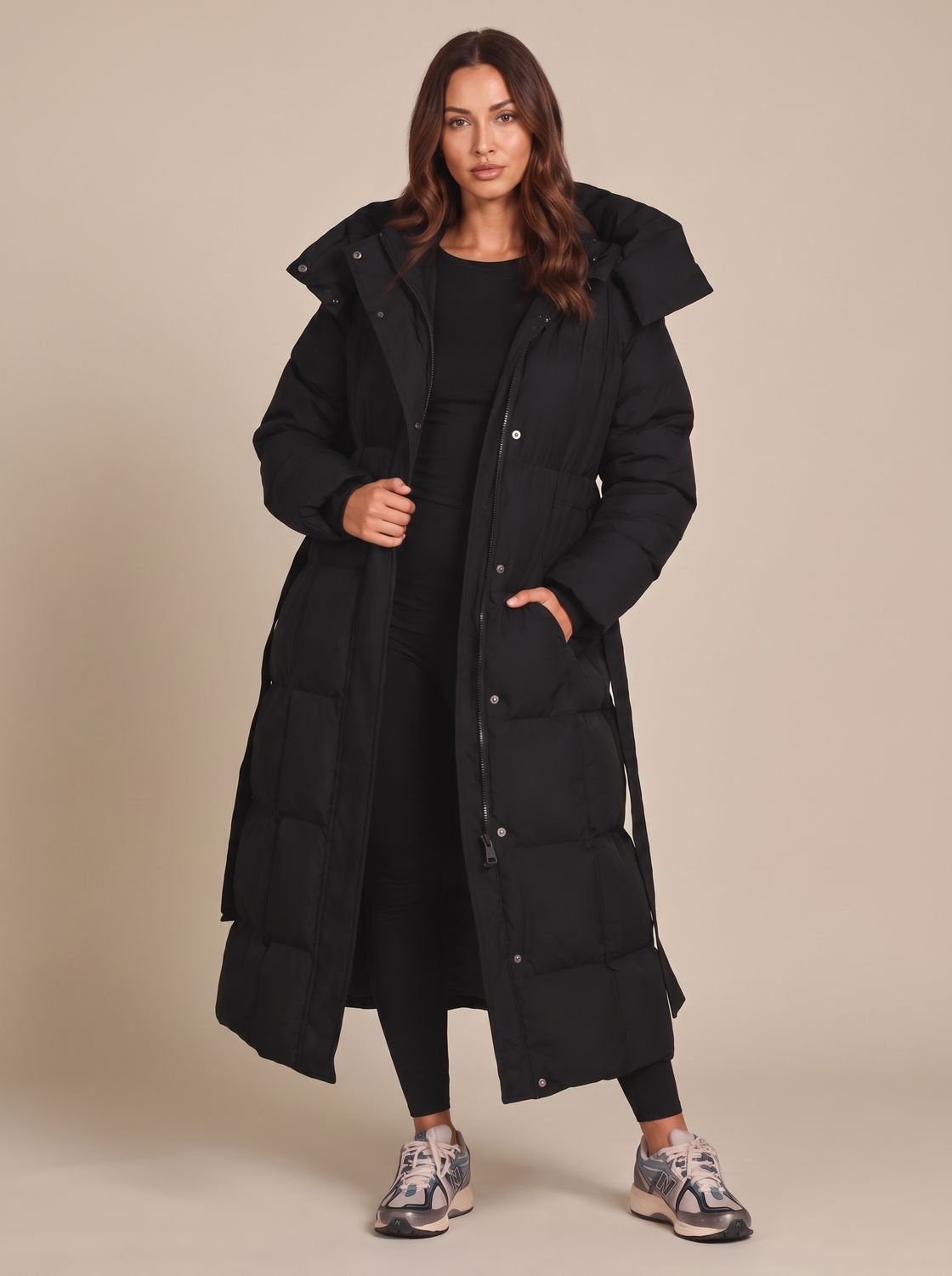 Cozy Longline Puffer Coat for Women with Hooded Collar Long Sleeve Belted Oversized Winter Style