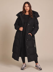 Cozy Longline Puffer Coat for Women with Hooded Collar Long Sleeve Belted Oversized Winter Style