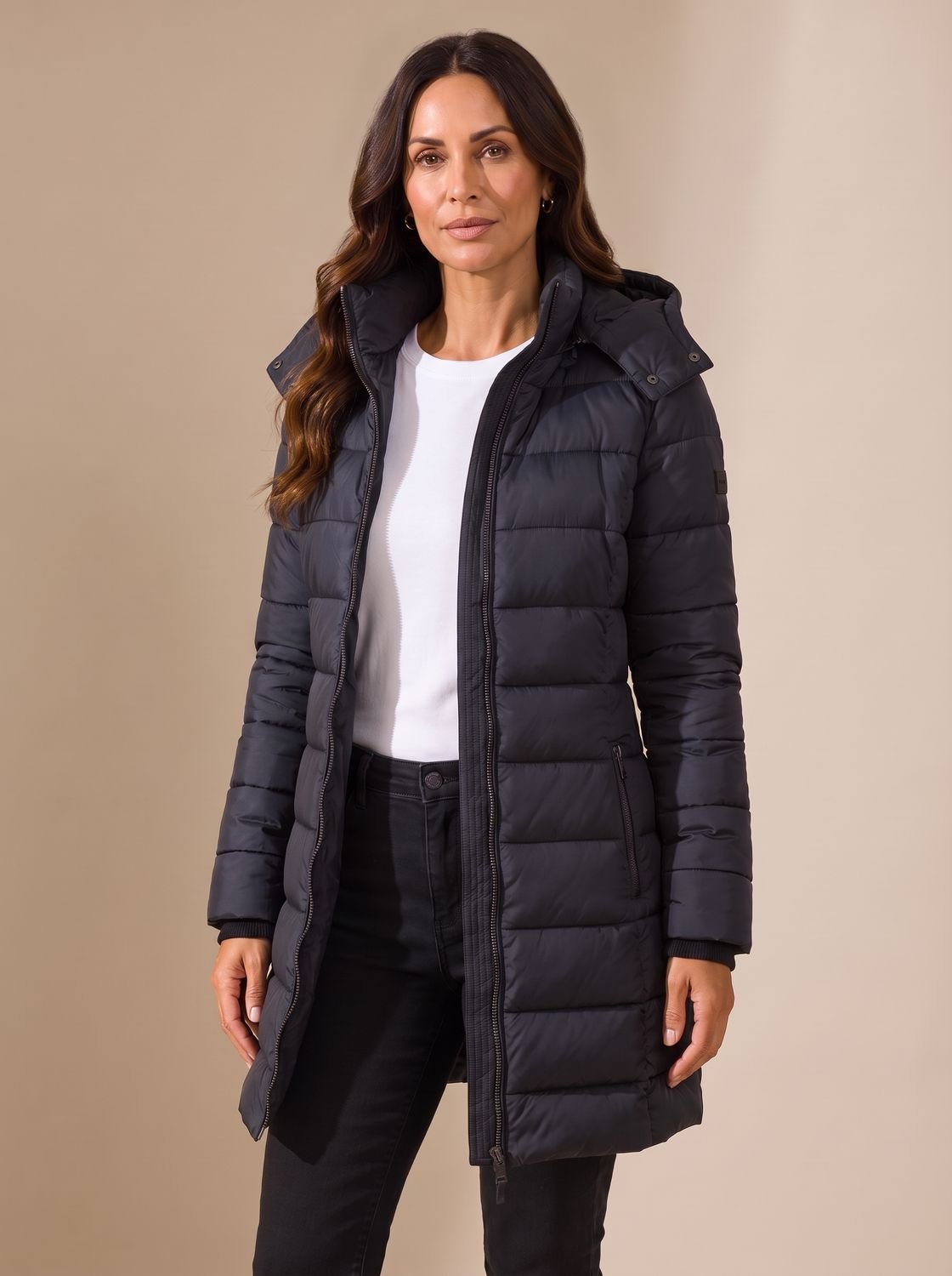 Cozy Quilted Puffer Coat for Women with Hooded Collar Long Sleeve Insulated Zip Winter Style